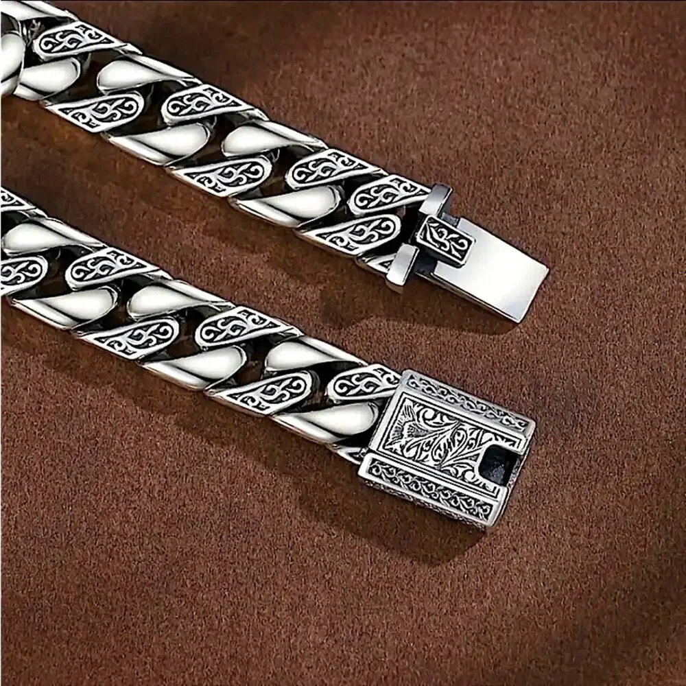 Stainless Steel Chain Link Bracelet, Mantra, Curb Hand Woven Engraved